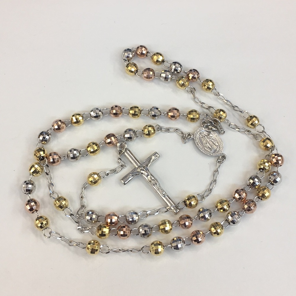Italian Silver Tri Color Rosary Beads Chain Cross - Picture 2 of 8